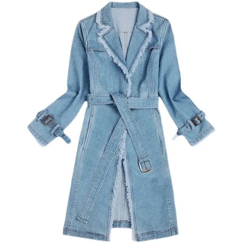 New Loose Denim Trench Coat Womens 2024 Spring Autumn Korean Versatile Casual Denim jacket Female Long Tassel Cardigan Jacket