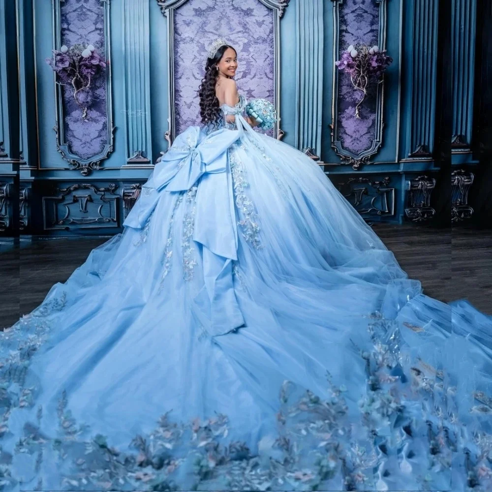 Blue Charro Quinceanera Dresses Ball Gown Off The Shoulder Appliques Lace Mexican Sweet 16 Dresses 15 Anos Customized