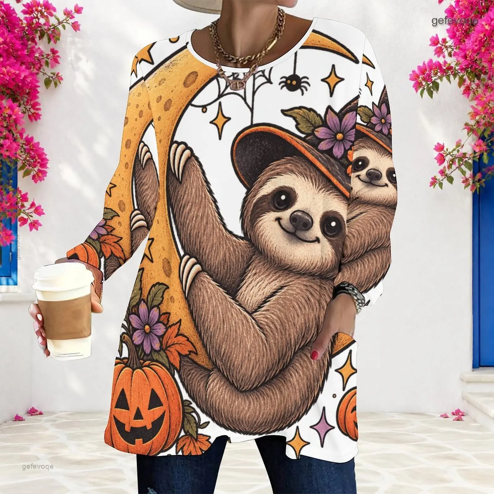 Women Halloween Sloth Crescent Moon Pumpkin Printed Round Neck Long Sleeve Loose Top with Pockets