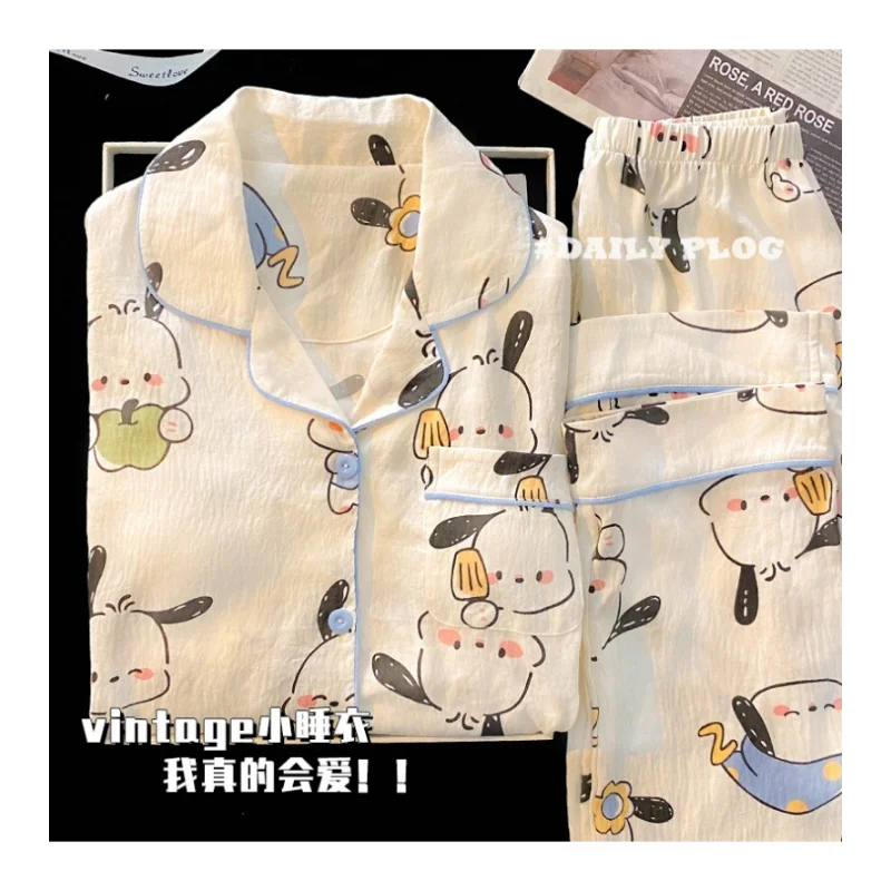 Sanrio Pacha dog autumn new model with its own chest pad integrated woven pajamas female cartoon cute loungewear set