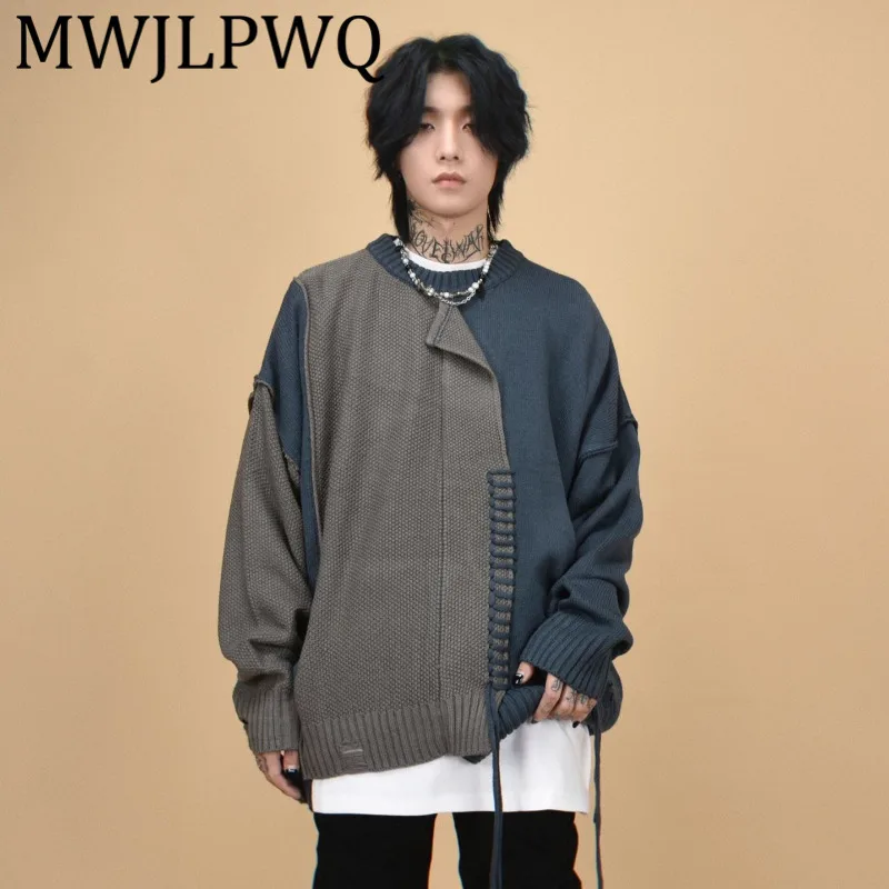 

MWJLPWQ Niche Irregular Spliced Color-Block Design Round Neck Pullover Sweater Men's High Street American Casual Knitwear 21097