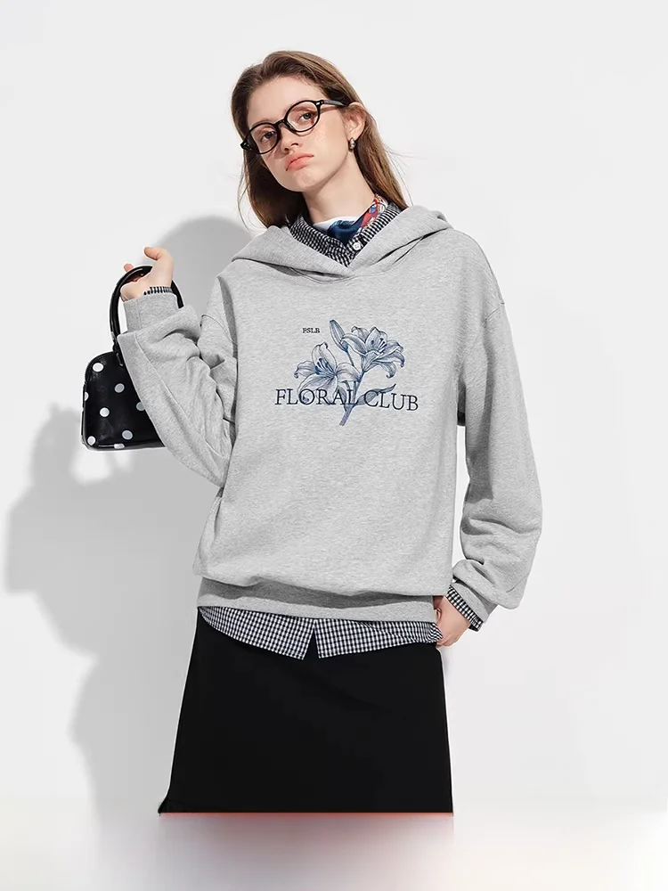 

Ретро-худи с американской цветочной вышивкой, женская свободная толстовка с открытыми плечами, новинка весны, из смесового хлопка и полиэстера