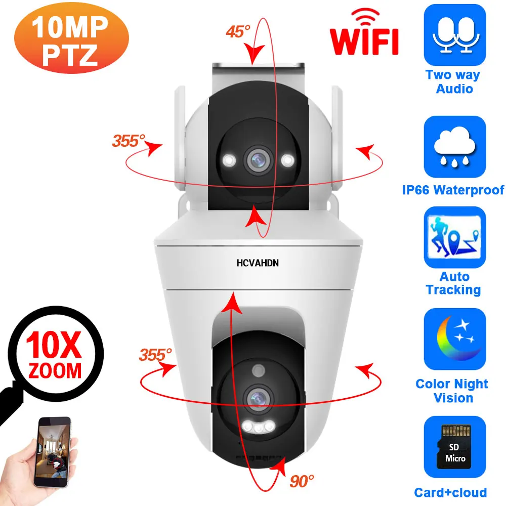 5MP Wifi Dual Lens PTZ IP Security Camera Outdoor 10X Zoom Dual Screen 2 Way Audio CCTV Surveillance Camera Color Night Vision