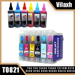 Vilaxh 6 Color Dye Ink Cartridge For Epson T0821 XL Stylus RX610 RX615 RX690 1410 TX650 TX659 Printer + Bottle Ink Kits 600ml