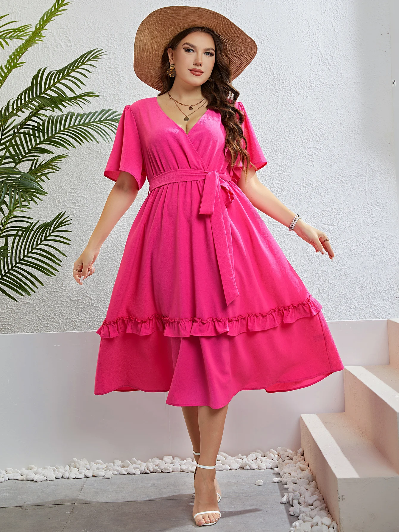 KEBY ZJ Summer Surplice Neck Women Long Dress Fashion Elegant Short Sleeve Lace Up PLeated Dress Casual Streetwear Plus Size