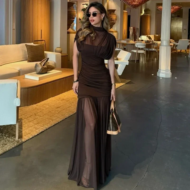 

Mesh Splice Pleated Dress Women's Sexy Slim Sleeveless Turtleneck Perspective Long Dress Lady Autumn Party Club Clothing