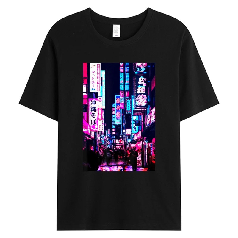 

Streets Of Tokyo Japan Night Scene With Lights Vaporwave Men's Cotton Fabric Novelty Designer Pattern T-shirts Oversize 5XL