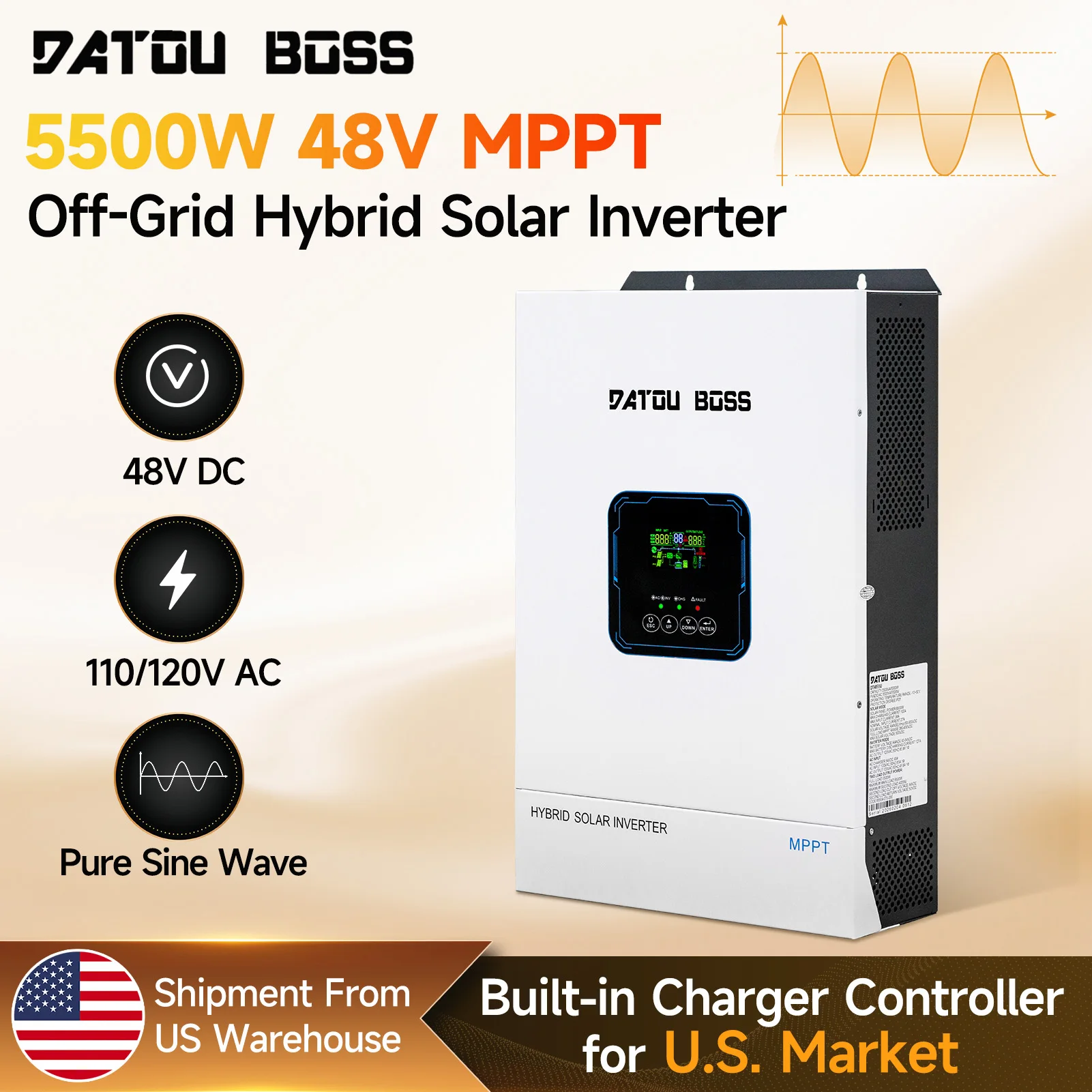 DATOUBOSS 48V 5500W Off-Grid Hybrid Solar Inverter 48V DC 110/120V AC Pure Sine Wave Built-in Charger Controller for U.S. Market Shipment From US Warehouse