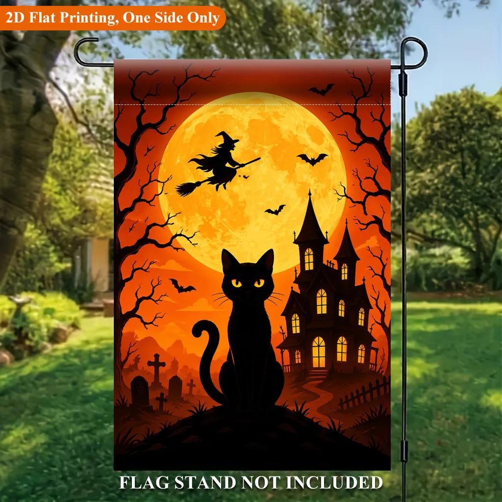 2D Flat Garden Flag 1 Piece Witch Castle Black Cat Flight Night, Holiday Yard Outdoor Flag for Outdoor Home and Yard Holiday Decor, Valentine's Day Mother's Day St. Patrick's Day, Easter, Christmas, Thanksgiving, Halloween, Without Flagpole (Flags Only)