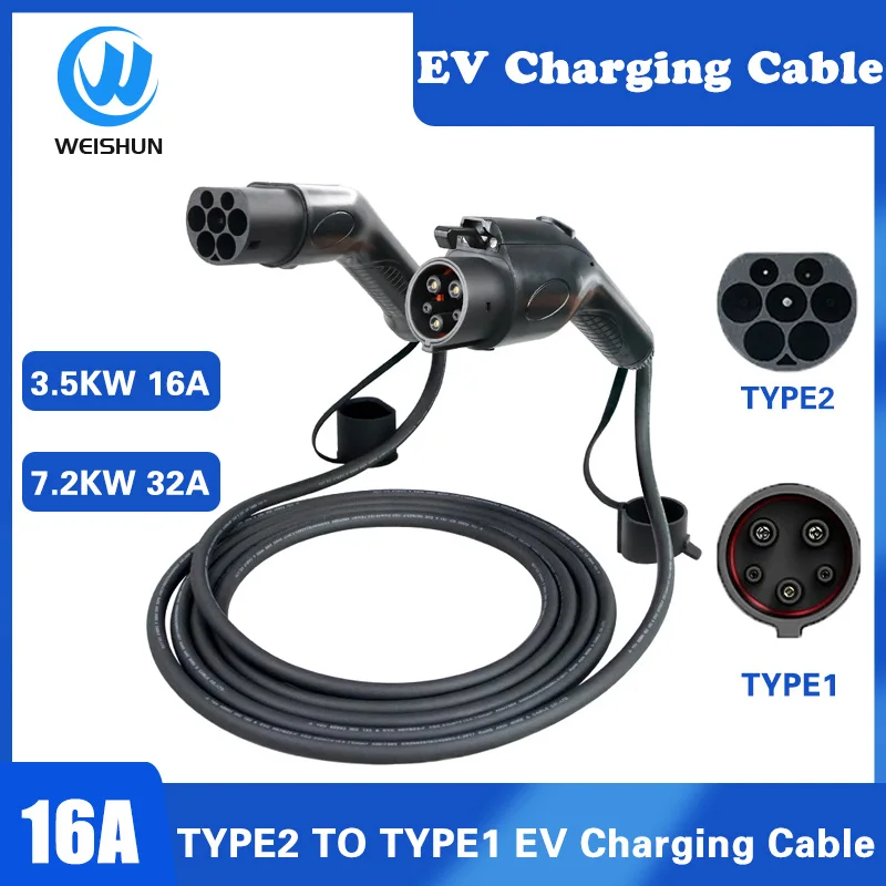 

Smart EV Charger Type2 to Type 1 EVSE Charger for Electric Vehicle EV Car Charging Cable Fast SAE J1772 16A 32A Model3 5 Meter