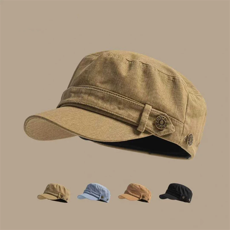Gorra militar Unisex de Color sólido con parte superior plana, gorras de pescador ajustables para exteriores, gorra militar de cadete, sombreros militares Retro, gorra de hueso para mujer y hombre