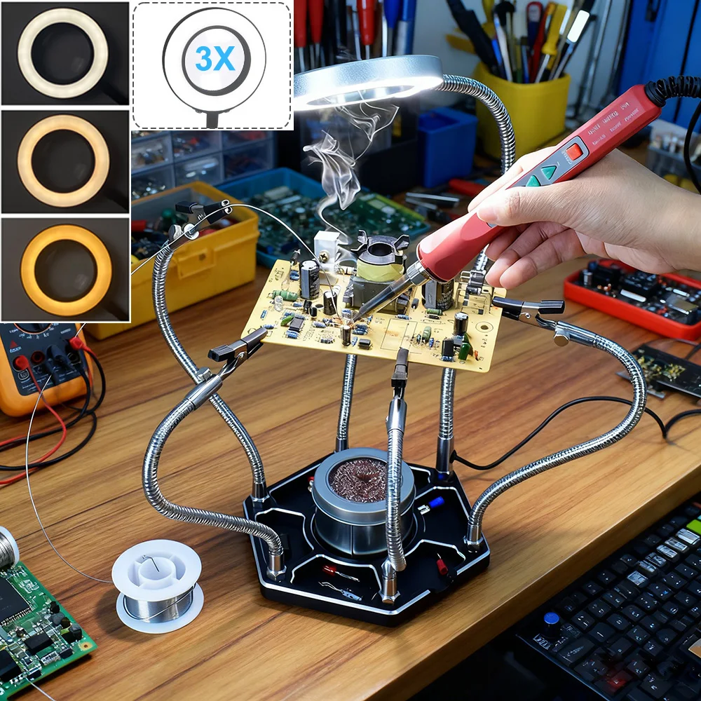 

Soldering Helping Hand PCB Holder Repair Tool Third Hand Metal Arm Soldering Station with Magnifying Glass LED Light