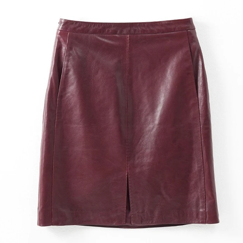 

Fashion Wine Red Women's Genuine Leather Short Skirts 2026 New Front Split Female High-waist A-line Bodycon Mini Sheepskin Skirt