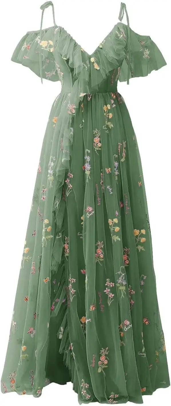 Bloemborduurwerk Tule Galajurken 2025, lange formele avondfeest, bloemenjurken, avondjurk