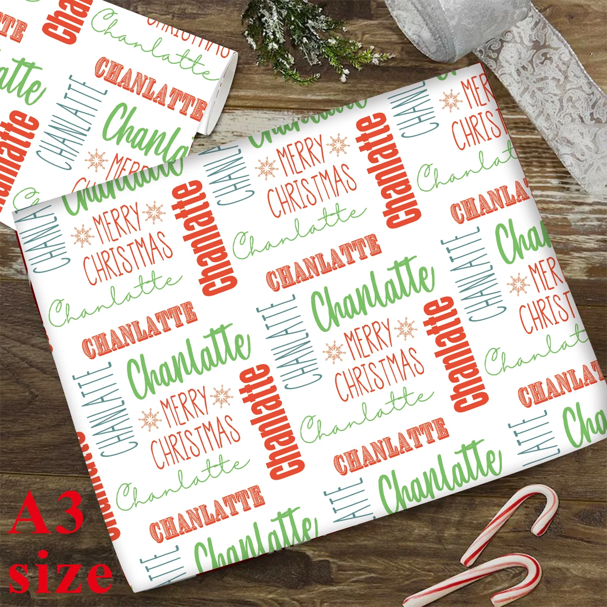 3 Stück Weihnachts-Geschenkpapier mit individuellem Namen, personalisiertes wiederholtes „Namen“-Design, zum Verpacken von Geschenken, DIY-Bastelarbeiten, Heim-Party-Dekoration