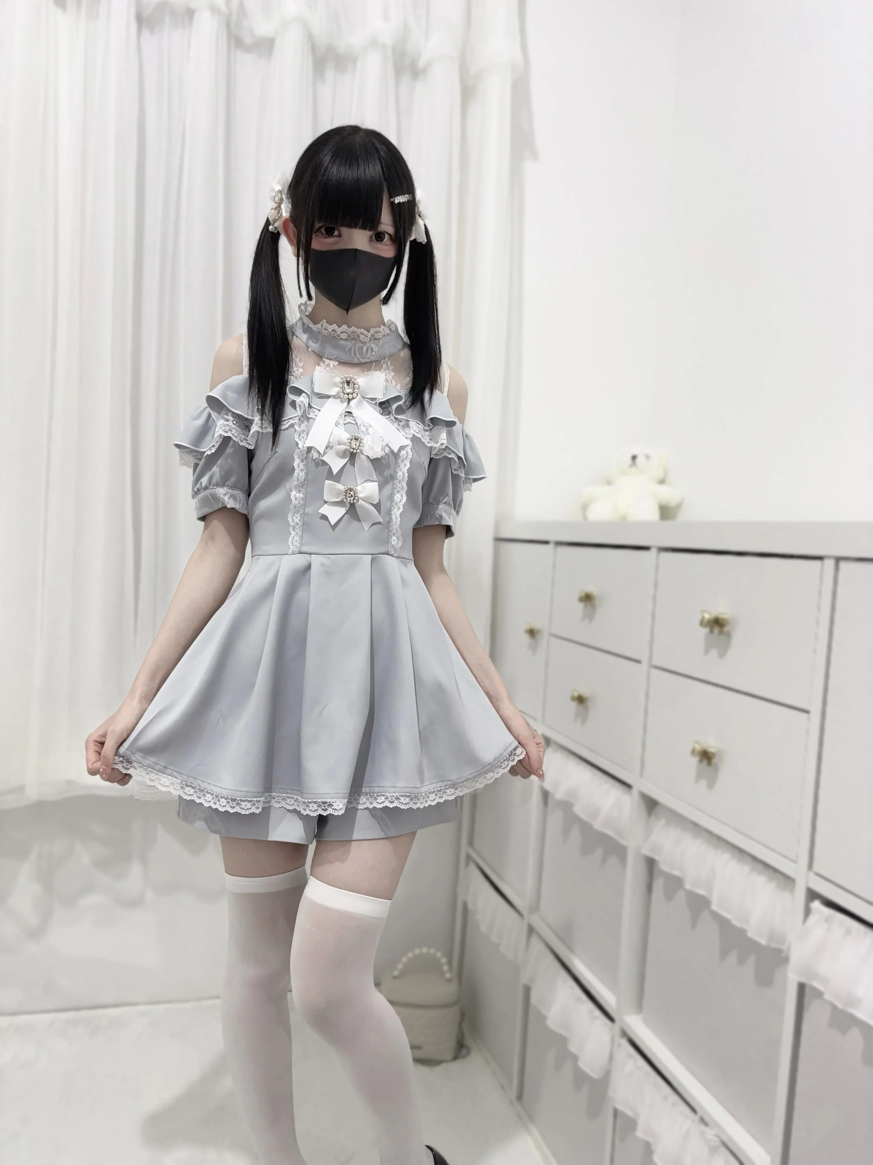 Japanese Style Mass-Produced Mine Ruffled Lace Off-the-Shoulder Rhinestone Bow Short Sleeve Dress Shirt and Shorts 2 Piece Set