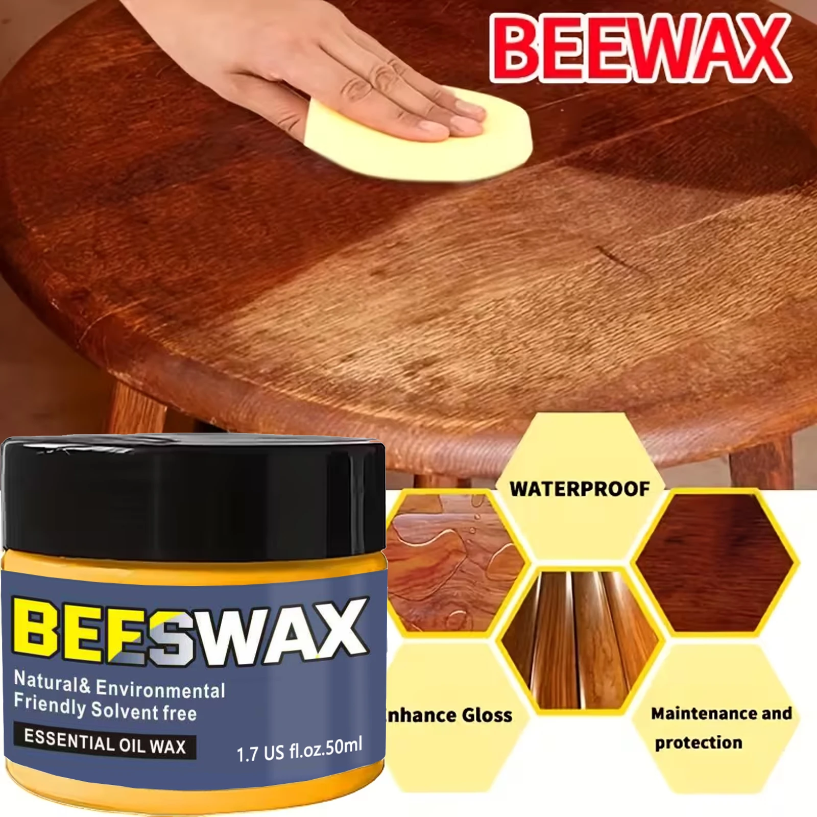 Beeswax Wood Polish & Conditioner - Natural Essential Oil Furniture Wax, Water-Based Wood Care Cream to Enhance Gloss & Protect