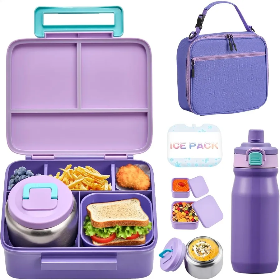 

Bento Box Set Includes 8oz Soup Thermo Insulated Lunch Bag 17oz Stainl Steel Water Bottle 5Compartment Bento Box with BuiltIn I