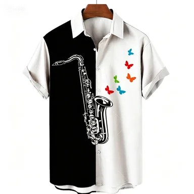 Hawaiian Men's Music Guitar Print Pattern Shirt, Party Short Sleeved Beach, Hip-hop, Harajuku Top