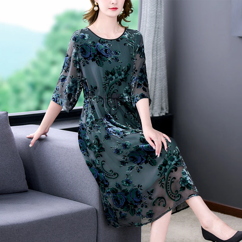 Frauen Chic Flock ing Blumen Seide Midi Kleid Herbst Jacquard hochwertige Kleid 2024 koreanische Vintage elegante Bodycon Ballkleider