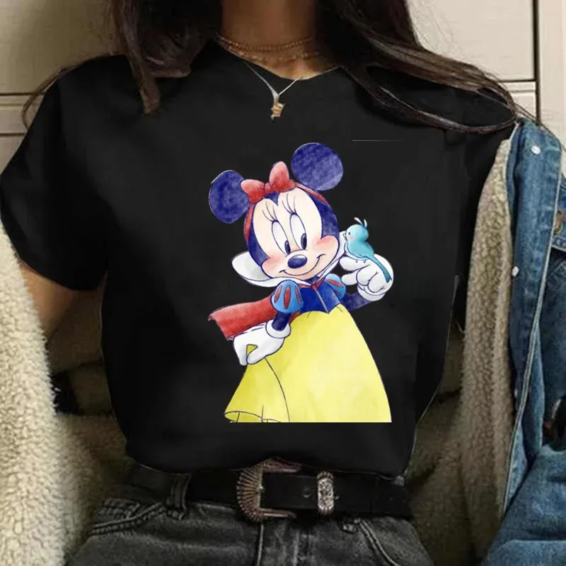 Fashionable Mickey Minnie Mouse Disney T-shirt Home Matching Clothing Summer Short sleeved Black Casual Kawaii Cotton T-shirt