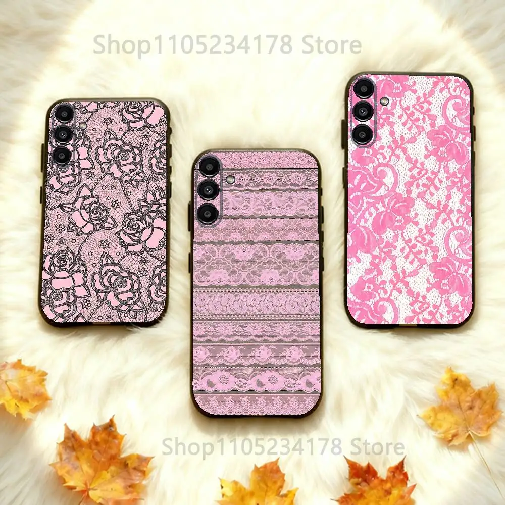 

Vintage Pink Lace Phone Case For Samsung Galaxy A73,31,32,72,41,53,52,71,22,5G,Note,J7,8,9 Soft Black Cover