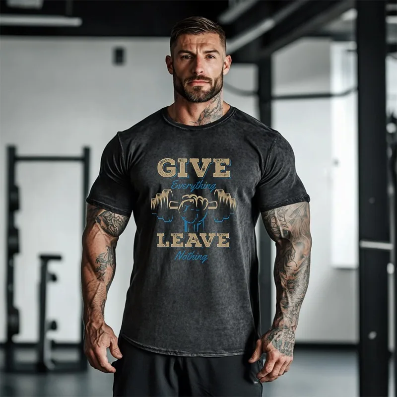 

Give Leave Graphic Washed Fitness T-shirt Gym Short Sleeve O-neck Summer 2025 Black High Quality Acid Men's Clothes Oversized