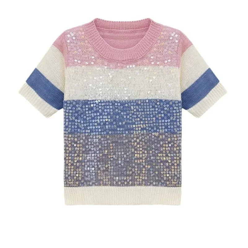 Spring Womens Striped Sequin Short Sleeved Knitted Shirt Pullover