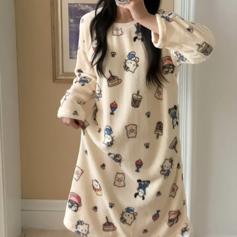 2024 New Winter Flannel Round Neck Long Sleeved Casual Nightgown, Home Wear, Sleepwear, Women'S Outerwear, Jumpsuit, Cute