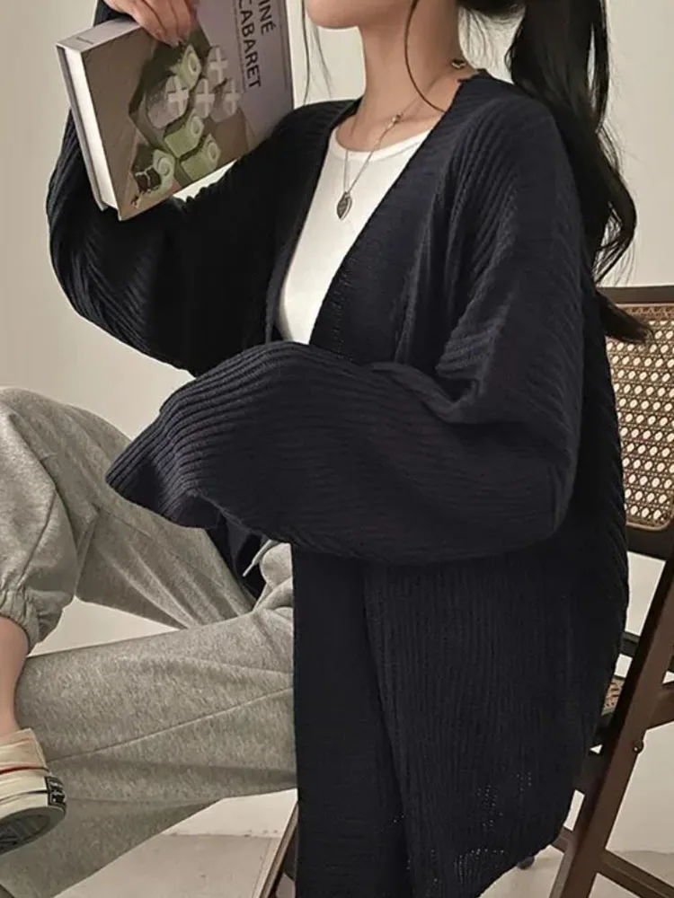 Zoki Harajuku Oversize Cardigan Sweater Women Casual Loose Lazy Wind Korean Tops Vintage Long Sleeve Lady Simple Design Cardigan