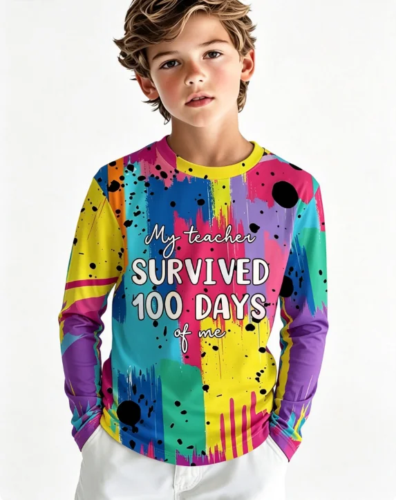 kids t‑shirt,colorful crayon letter print,diagonal stripe background,long sleeve,crew neck,loose fit,multi‑color casual dailytop