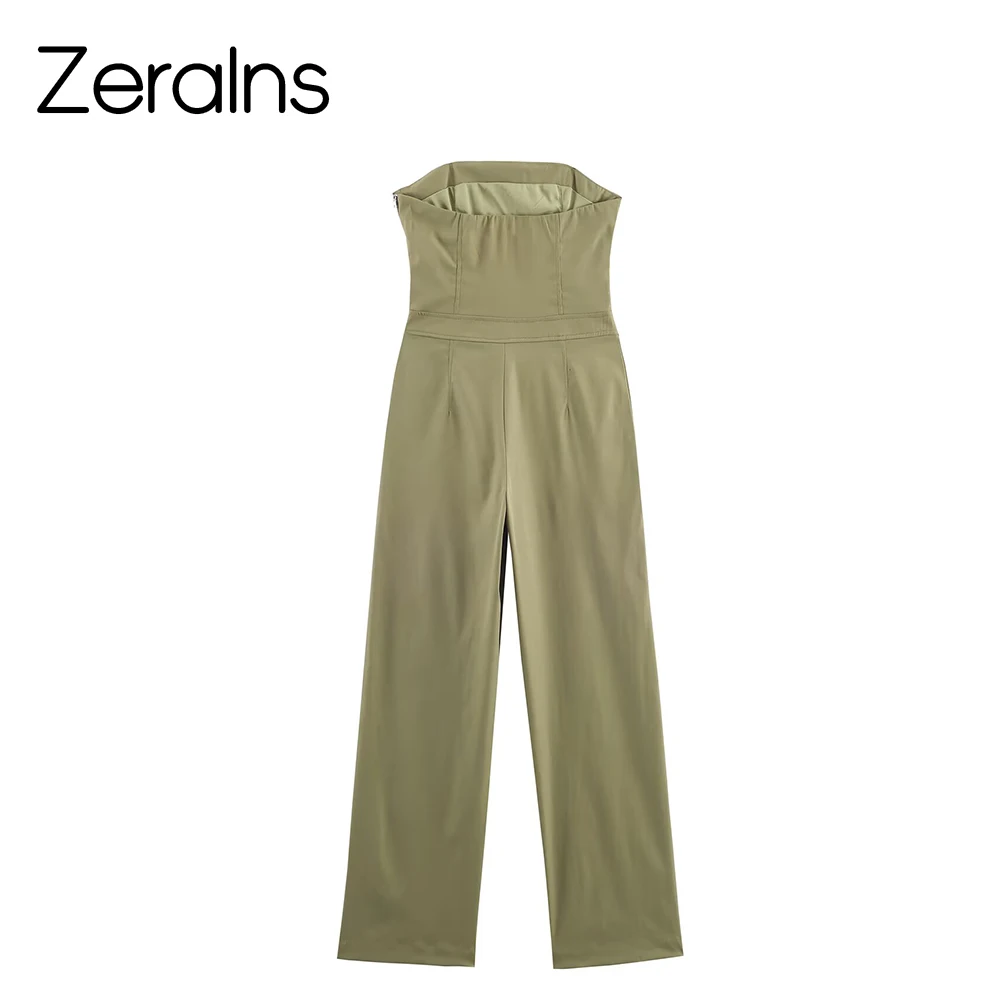 ZERAINS 2025 جينز نسائي جديد فضفاض وتنحيف قطعة واحدة بدون حمالات مع بنطال طويل أنيق وواسع الساق