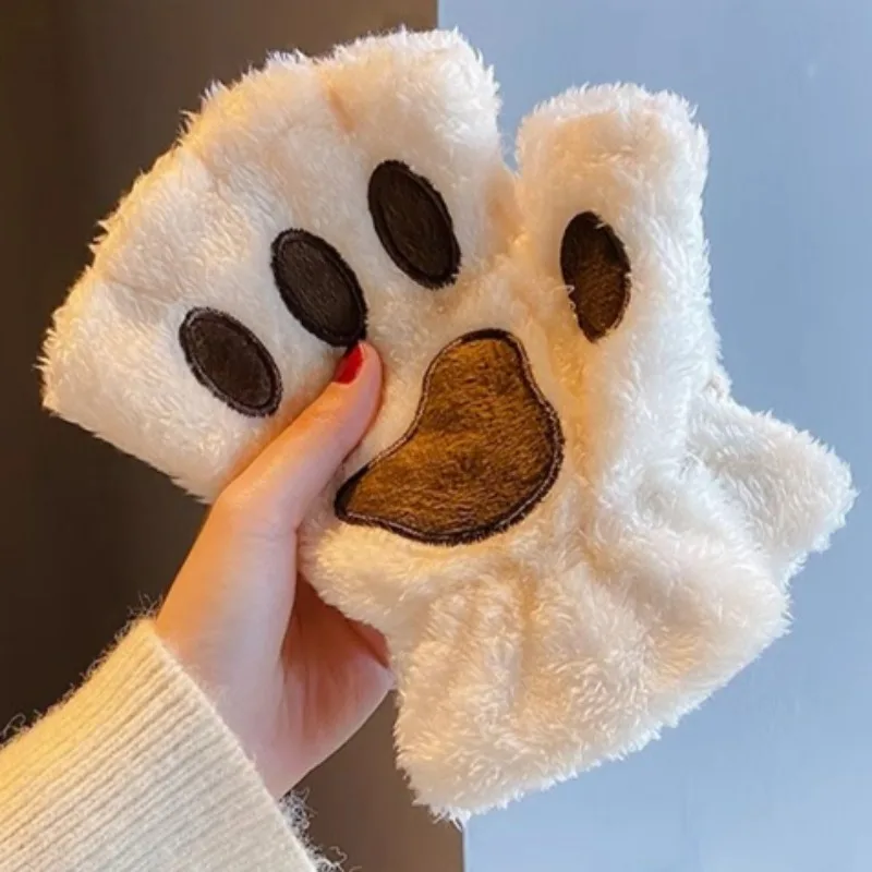 Winter Cat Half Finger Gloves Cute Cat Claw Warm Fluffy Fingerless Glove Autumn Thickened Plush Velvet Thermal Bear Paw Mittens