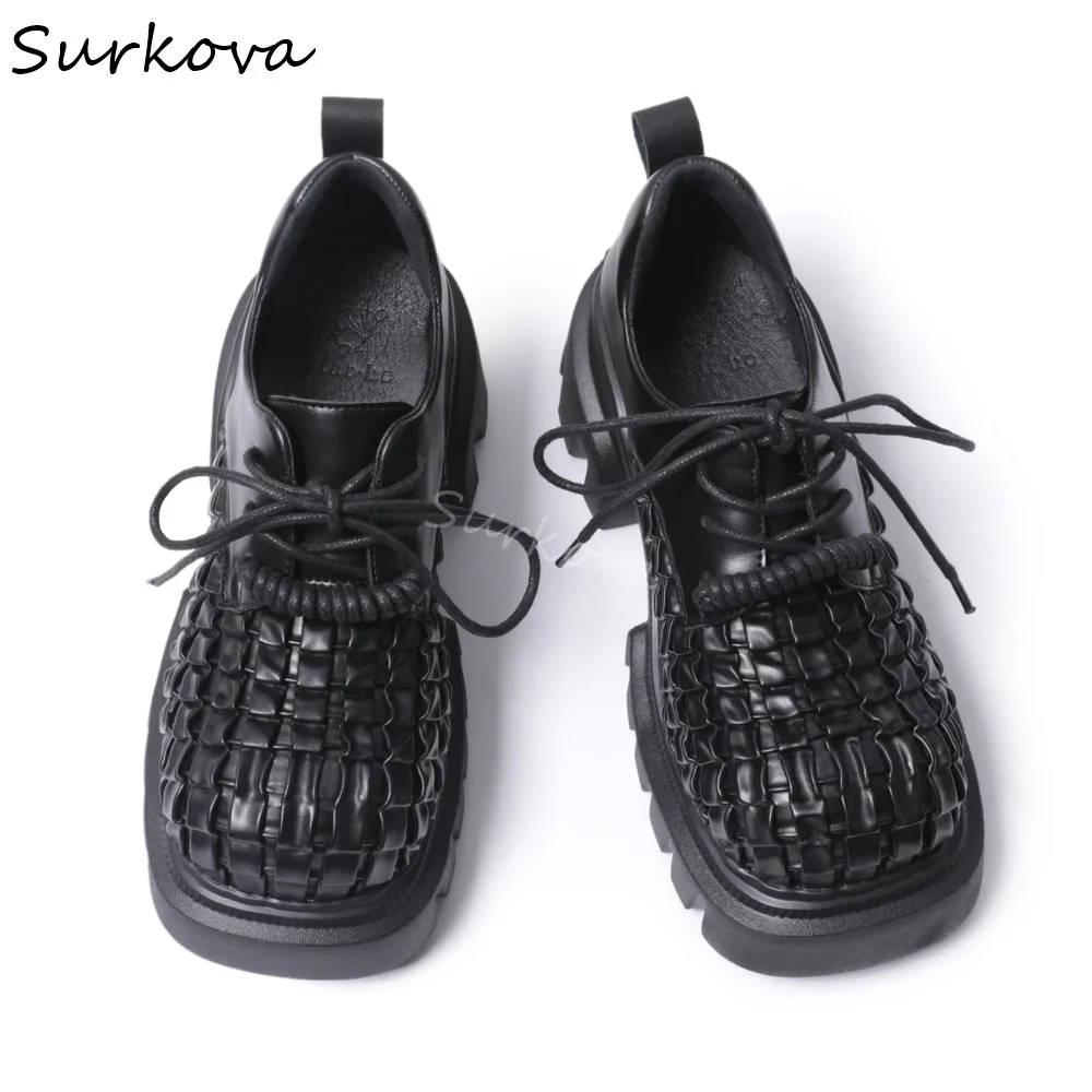 Square Toe Woven Lace-up Leather Shoes Women Platform Chunky Heel Height Increasing Shoes 2025 Spring New Fashion Casual Shoes