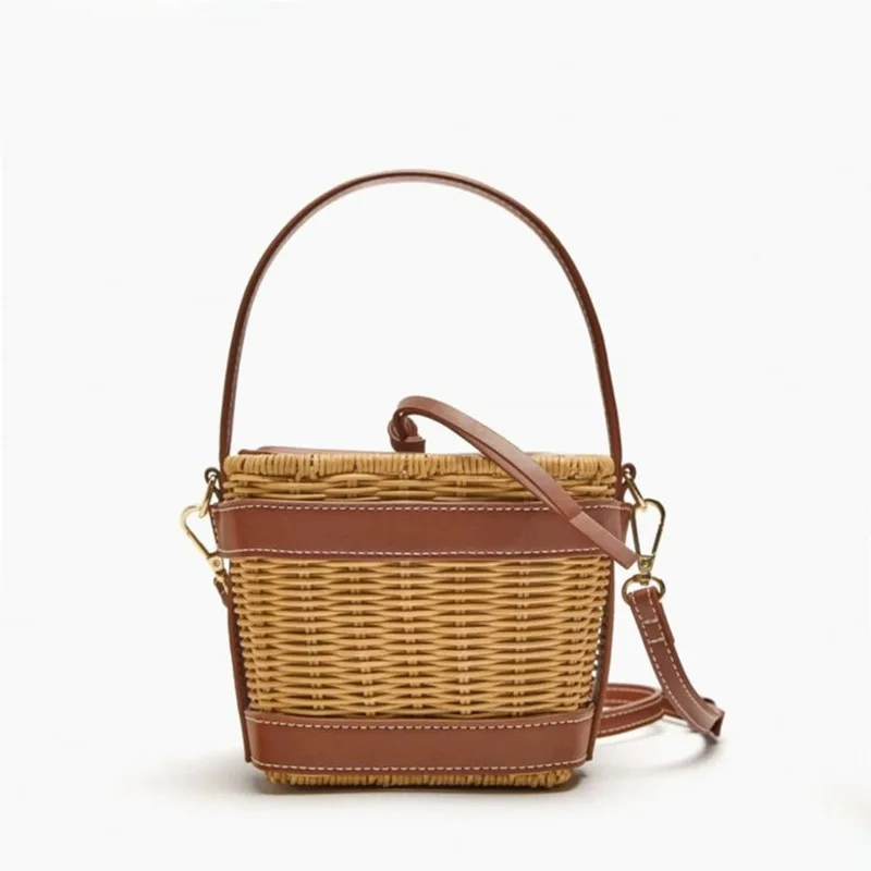 

Fashion Straw Bucket Bag Weave Women Handbags Designer Panelled Shoulder Crossbody Bags Casual Summer Beach Small Tote Purses