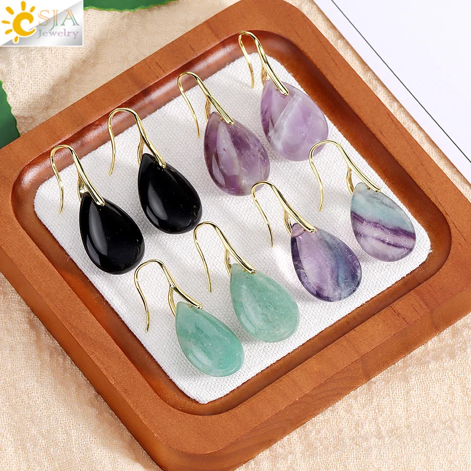 Natural Stone Earrings for Bride Water Drop Dangle Gold Color Ear Earring Tiger Eye Fluorite Amethyst Quartz Luxury Jewelry H665
