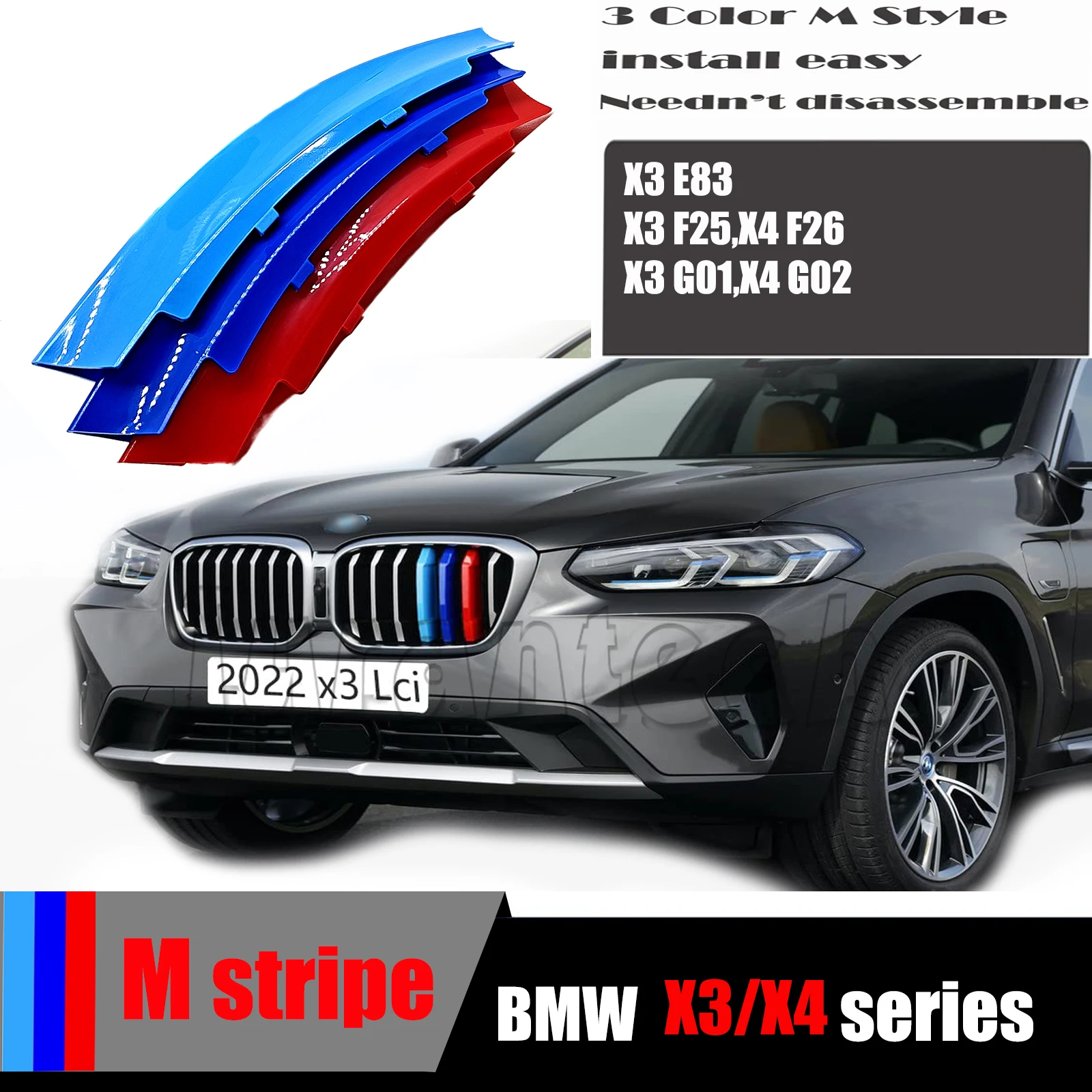 Clipes de Grade Tricolor M Performance para BMW X3 X4 03-26 18 20 25 28 30 35 SAV SAC xDrive, Acabamento de Inserção de Grade Dupla com Faixa