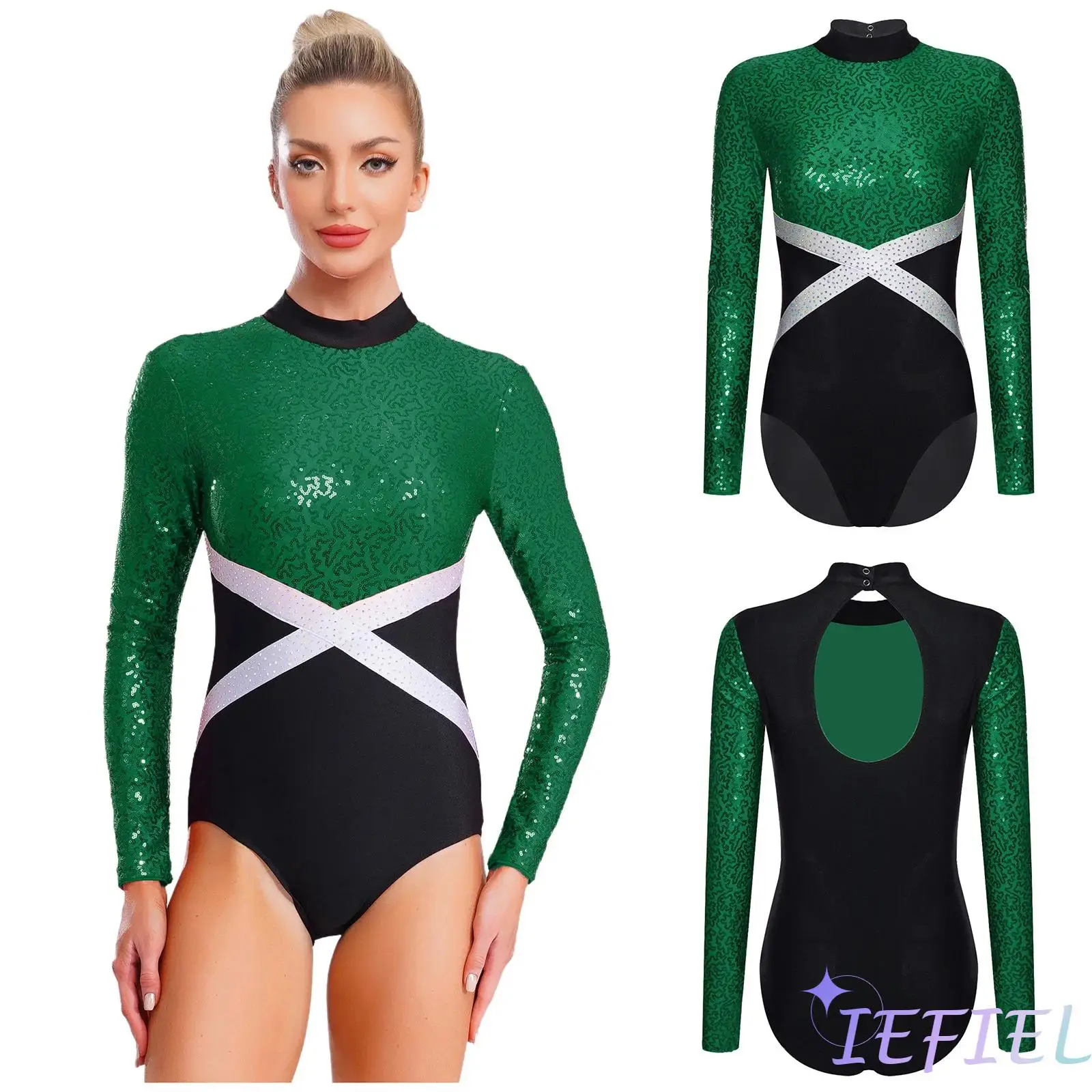 

Womens Lyrical Ballet Dance Bodysuit Contrast Color Long Sleeve Back Hollow-Out Gymnastics Jumpsuit for Ballet Jazz Dance Show