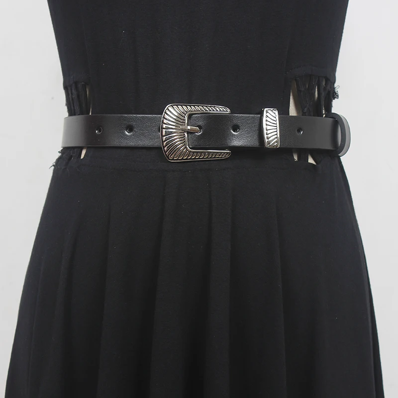 Women's Runway Fashion Black Genuine Leather Cummerbunds Female Dress Corsets Waistband Belts Decoration Narrow Belt R604