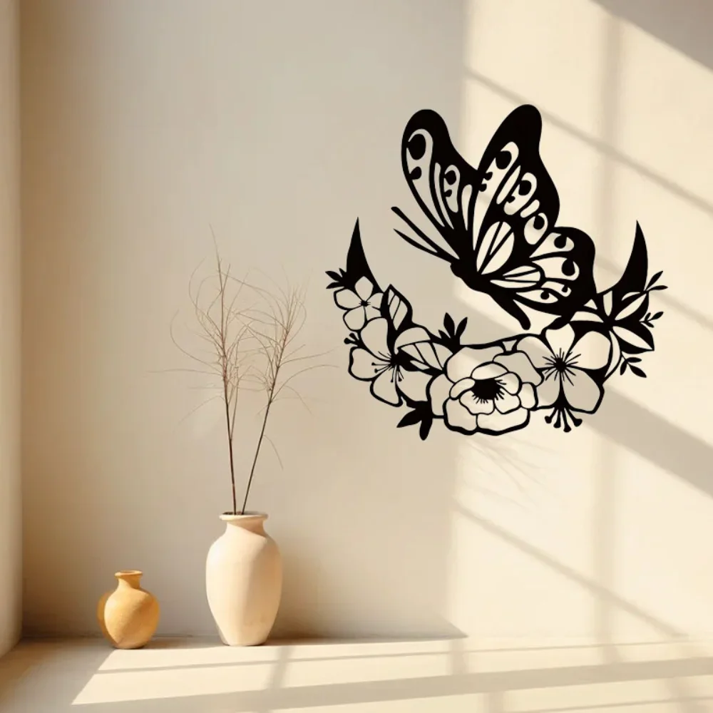 CIFBUY Moon Phase Floral Metal Wall Art Boho Flower Butterfly Silhouette Iron Wall Decor Home Accent