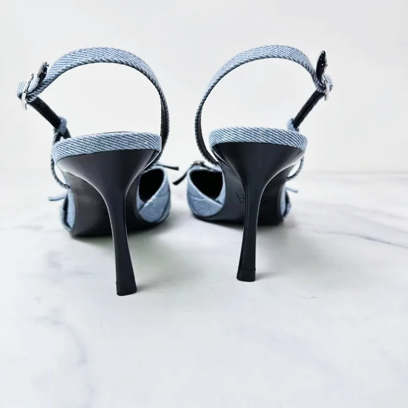 Woman Blue Bow Knot High Heels Sexy Pointed Slingback Pumps Heels Sandals 2024 Summer New Elegant Party Female Sandals