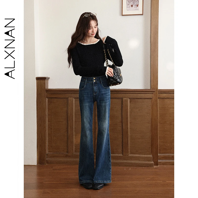 

ALXNAN Plus Size Black Pullover Ruffle Trim Patchwork Round Neck Women's Sweaters Fall Winter 2025 Warm Versatile Jumpers D58726