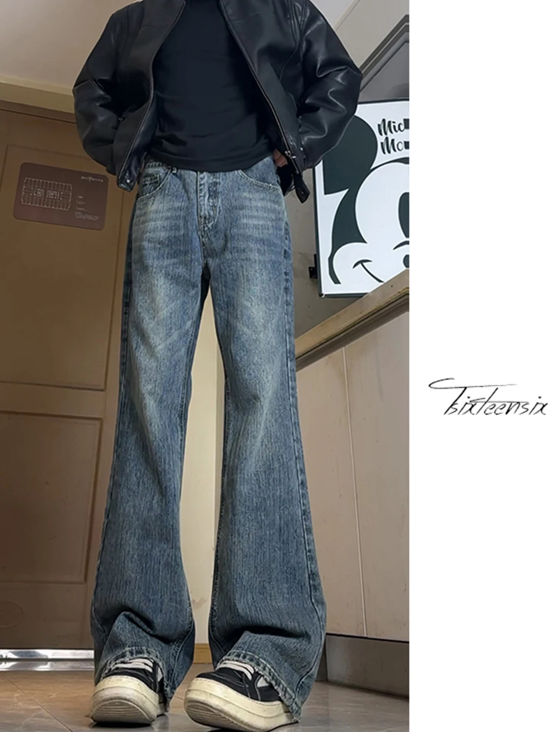 

Blue Bamboo Bud Pattern Flared Jeans Men's Winter High Waist Fce Lined Straight Leg Loose Fit Vintage Sle Denim Pants