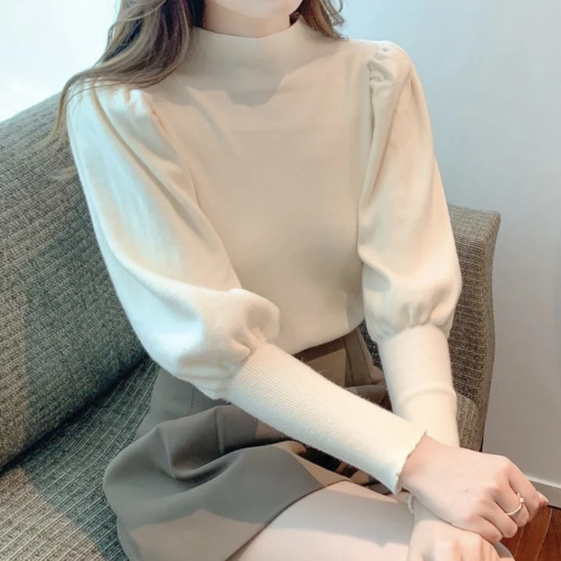 2023 Autumn Winter Solid Color Fashion Half High Collar Long Sleeve Sweater Women Casual Slim Chains Elegant All-match Pullovers