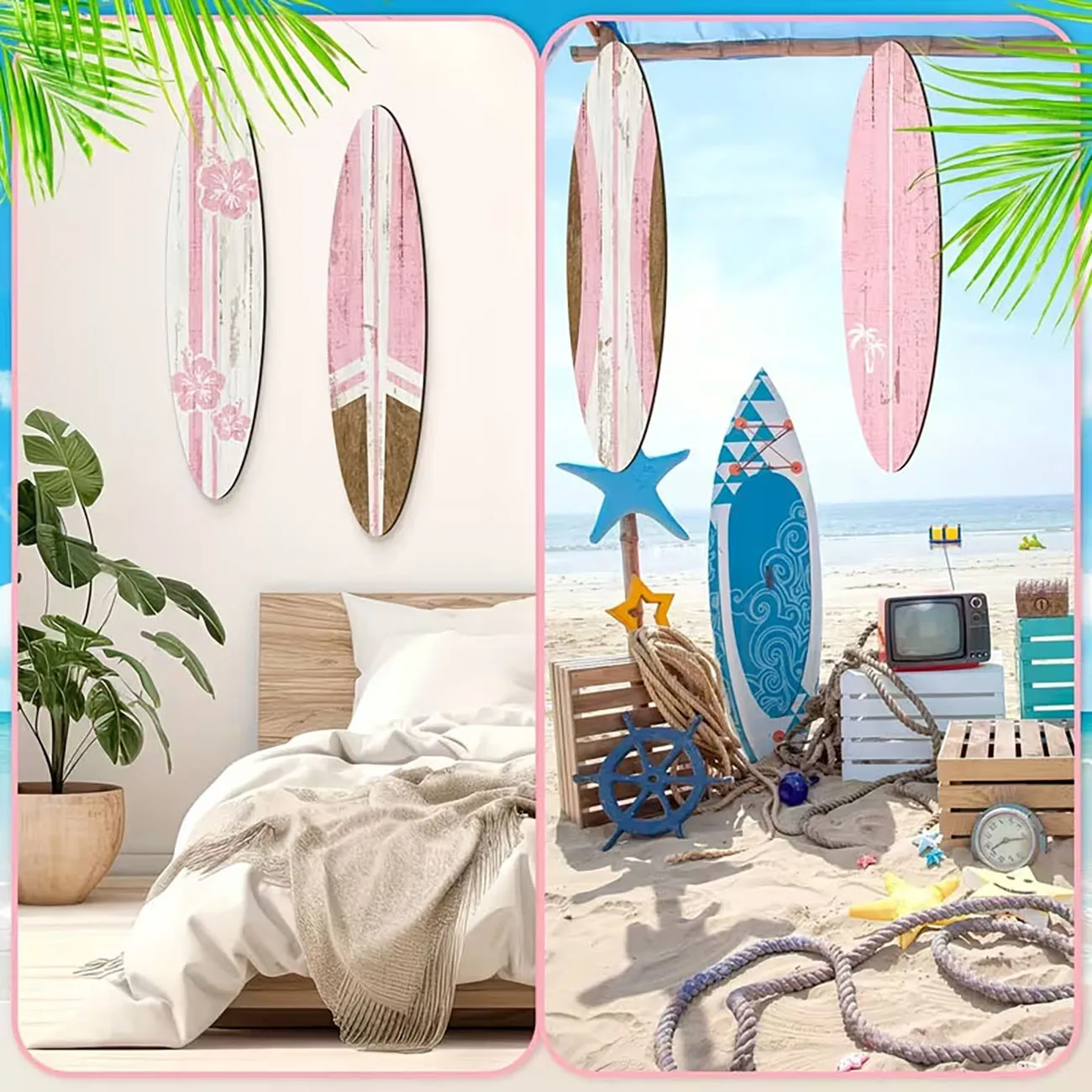 4Pcs Pink Surfboard Wooden Wall Decor with Nano Tape, Beach Themed Wall Art
