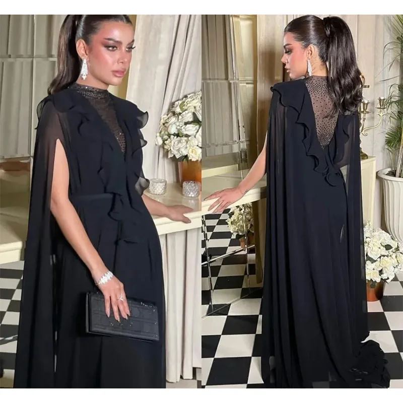 Black Evening Pageant Dress Cape Sleeve V-Neck Ruffles Formal Party Prom Gowns Celebrity Style Vestidos De Gala Robe De Soiree