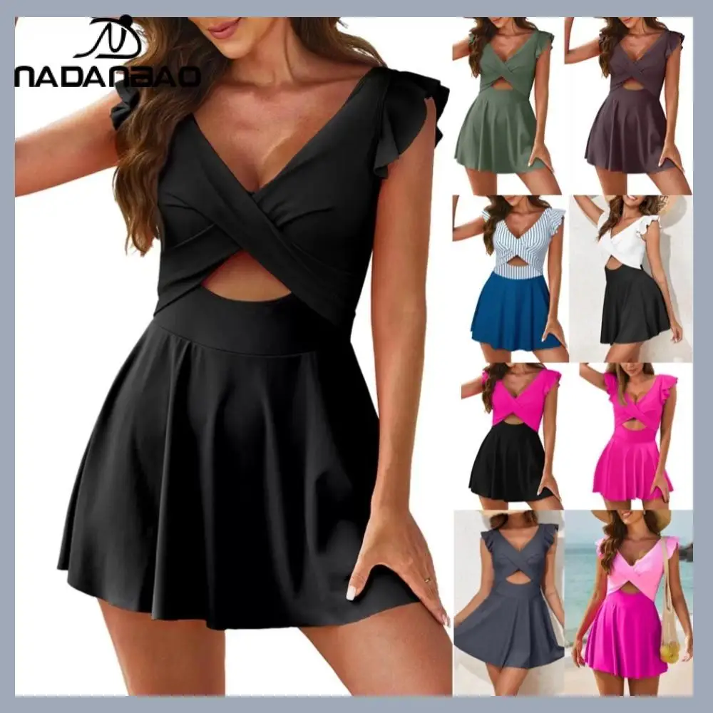 Nadanbao Sexy V-Neck Women's One-Piece Swimsuit Sexy Hollow Cross Dress Style Swimsuit Pleated Ruffle Beachwear Soft Swimwear