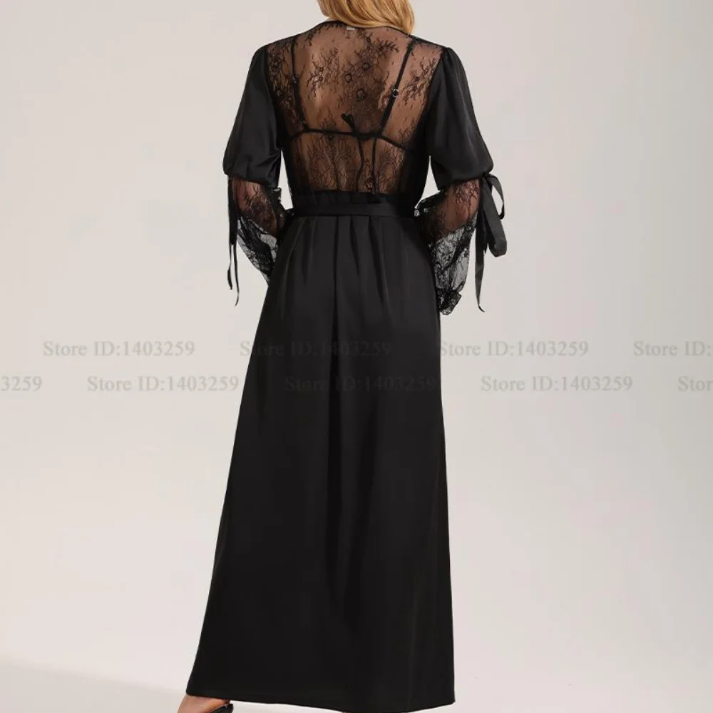 Black Silk Satin Long Robe Home Dressing Gown Fashion Backless Perspective Lace Nightgown Kimono Gown Bathrobe Loose Sleepwear