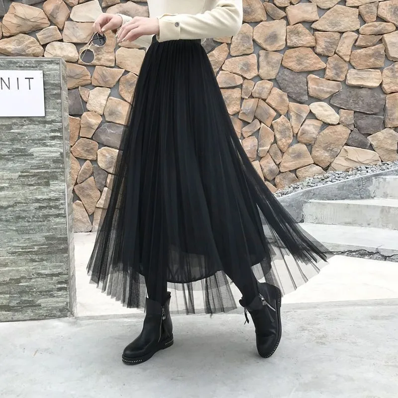 Mesh 2024 Spring Medium Long Simple High Waist Thin A-line Skirt Fairy Small Fragrance Wind Large Pleated Skirt Women's Clothing