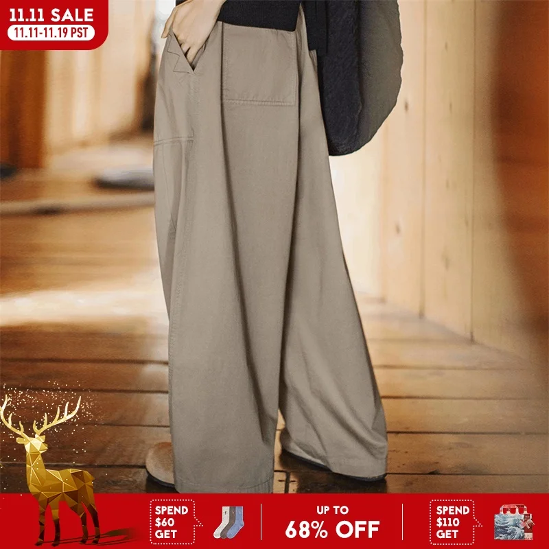 Maden Women's Casual Khaki Wide Leg Trousers Spring and Summer Elastic Waist Pocket Cargo Pants Street Fashion Slimming Bottom